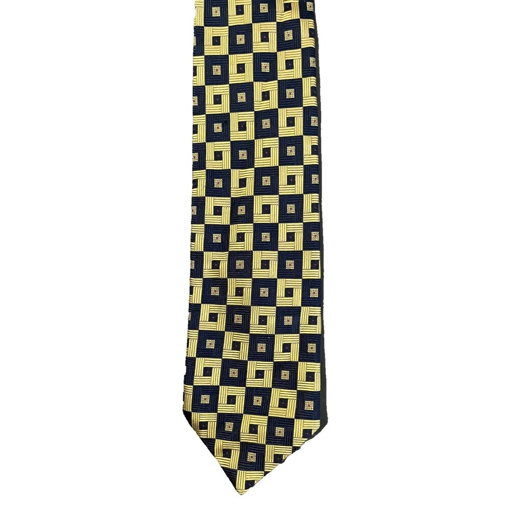 Italian Silk Tie Navy Gold Geometric Pattern 59x4 Classic Mens Necktie
